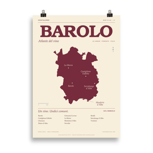 Affiche de la carte viticole du Barolo DOCG en bordeaux et crème, typographie italienne et noms de villages, 50 × 70 cm