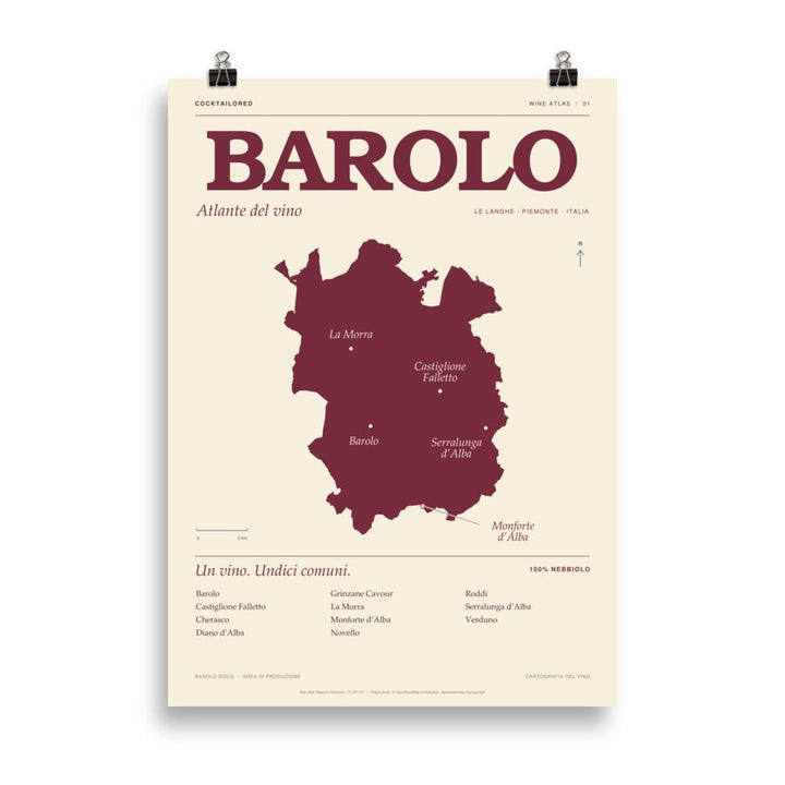 Barolo DOCG wijnkaartposter in bordeauxrood en crème met Italiaanse typografie en dorpsnamen, 50 × 70 cm